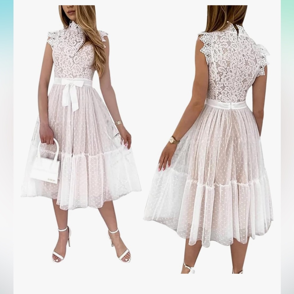 White High Waist Tulle/Lace Ruffle Dress